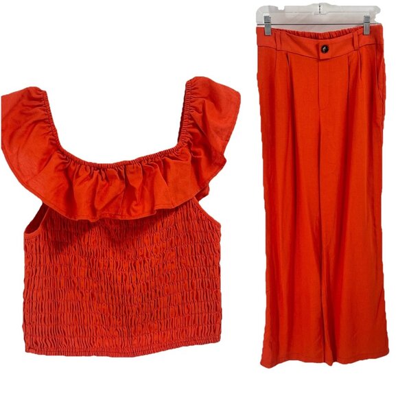 Monteau LA 2 Piece Smocked Tank Wide Leg Pants Burnt Orange Sz Large - Picture 1 of 10